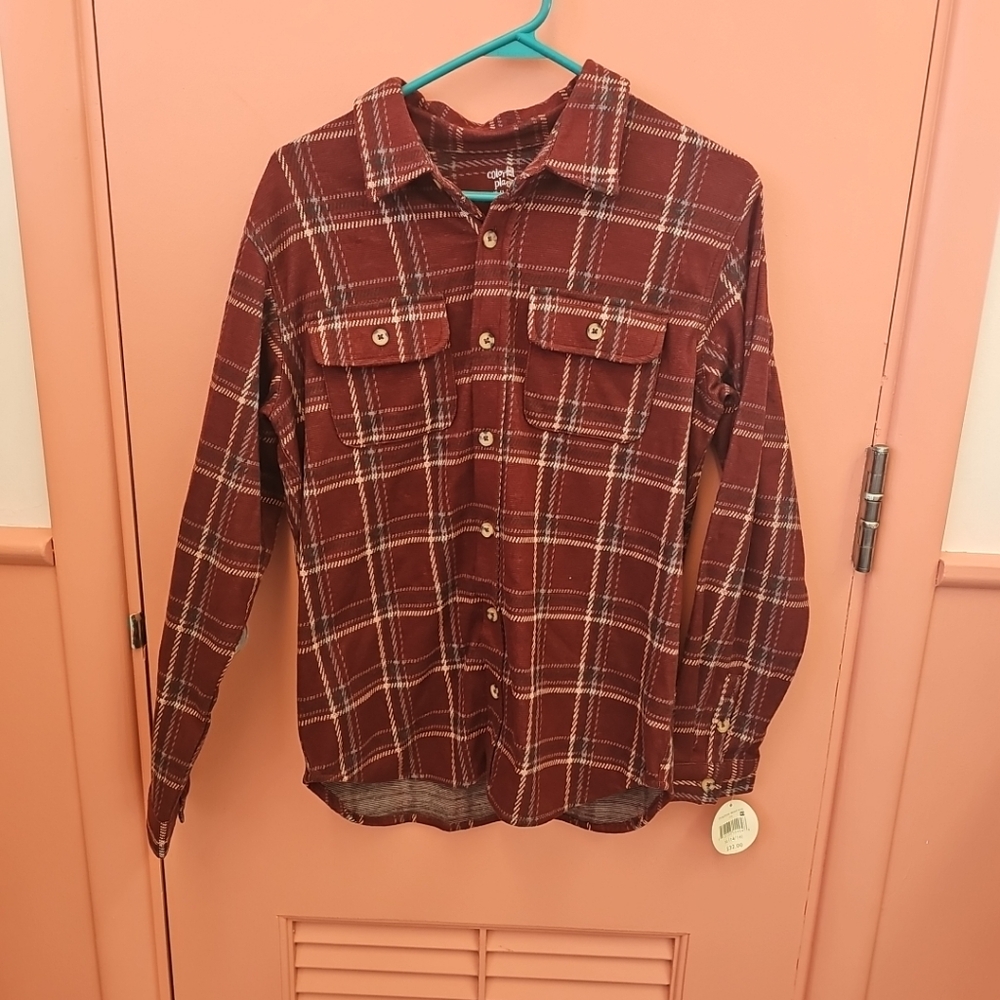 NWT Boys XL (14/16) Button Front Fleece Flannel Plaid Shirt Colorful Planet